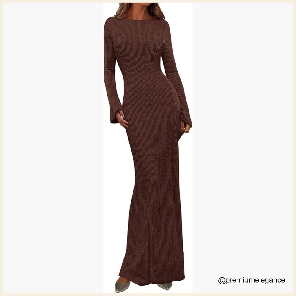 Long Sleeve Ribbed Knit Maxi Dress Bodycon Boat Neck Fall Casual